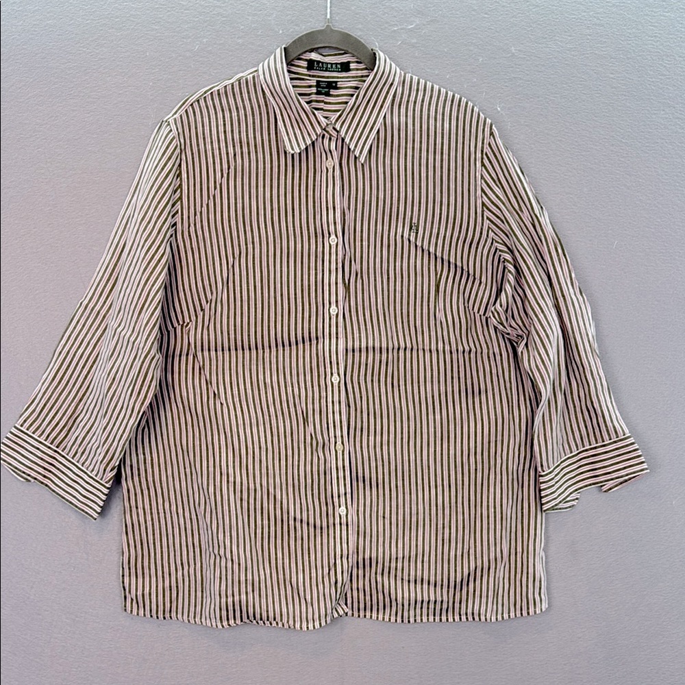 Lauren Ralph Lauren - women’s 100% Linen striped white/ pink Shirt 3/4 sleeve 1X